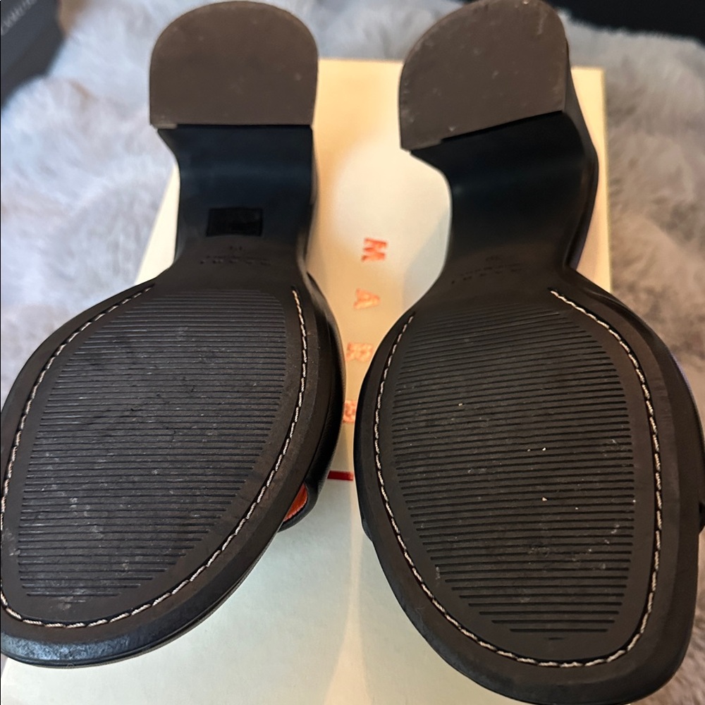 Marni Black Leather Slide Mules with Bright Orange Insole - Picture 5 of 6